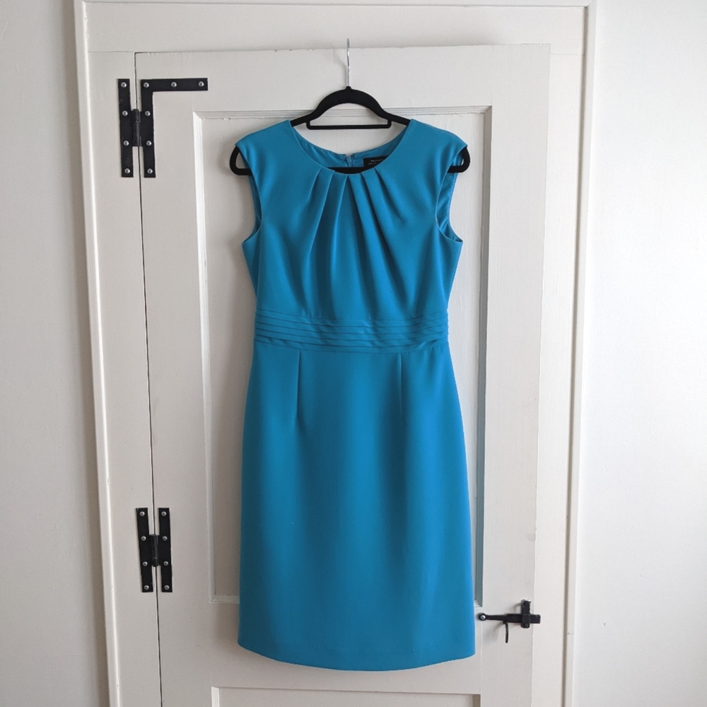 Turquoise Tahari Sheath Dress with Smocked Neck